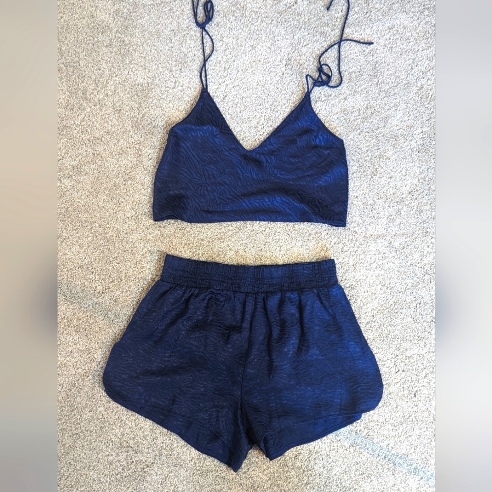 Victoria Secret Size Small Silky Navy Blue Pajama Shorts Set Top & Bottom